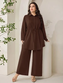 Modelyn Plus Size Women Solid Color Pleated Long Sleeve Top And Pants Business Casual Elegant Office Evening Formal 2 Pieces Set Brown Fall - Coffee Brown - View 3