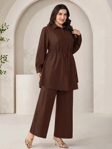 Modelyn Plus Size Women Solid Color Pleated Long Sleeve Top And Pants Business Casual Elegant Office Evening Formal 2 Pieces Set Brown Fall - Coffee Brown - View 7