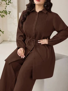 Modelyn Plus Size Women Solid Color Pleated Long Sleeve Top And Pants Business Casual Elegant Office Evening Formal 2 Pieces Set Brown Fall - Coffee Brown - View 5