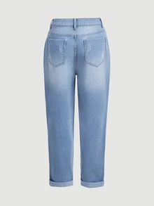 SHEIN EZwear 女款休閒日常牛仔褲，附口袋、鈕扣與破洞設計 - 藍色 - 查看 14