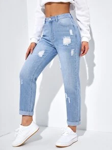 SHEIN EZwear 女款休閒日常牛仔褲，附口袋、鈕扣與破洞設計 - 藍色 - 查看 10