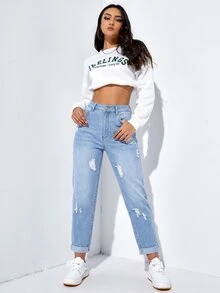 SHEIN EZwear 女款休閒日常牛仔褲，附口袋、鈕扣與破洞設計 - 藍色 - 查看 9