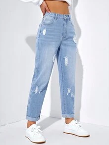 SHEIN EZwear 女款休閒日常牛仔褲，附口袋、鈕扣與破洞設計 - 藍色 - 查看 12
