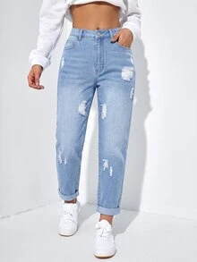 SHEIN EZwear 女款休閒日常牛仔褲，附口袋、鈕扣與破洞設計 - 藍色 - 查看 8