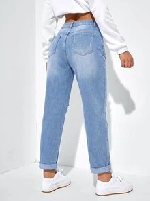 SHEIN EZwear 女款休閒日常牛仔褲，附口袋、鈕扣與破洞設計 - 藍色 - 查看 4