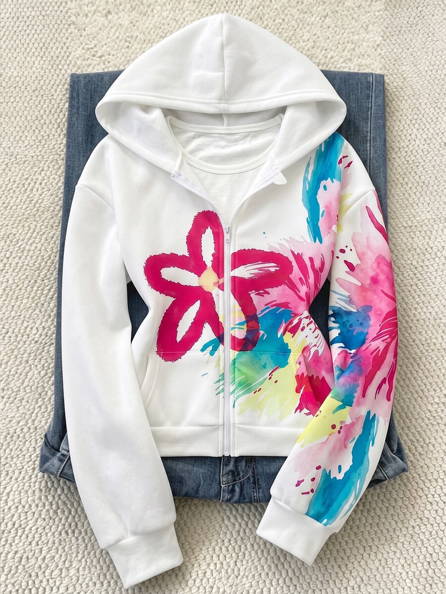 SHEIN 女童抓絨內裡拉鍊連帽衫 暗黑風蜘蛛網印花 寬鬆落肩休閒街頭風 生日白色花卉秋季款 - 彩色 - 查看 1