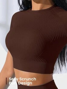 SHEIN Sports 无缝女士高腰运动套装，短袖上衣和裤子，女士运动套装，健身运动套装，女士加大码运动服套装，女士运动服装 - 咖啡棕 - 查看 4