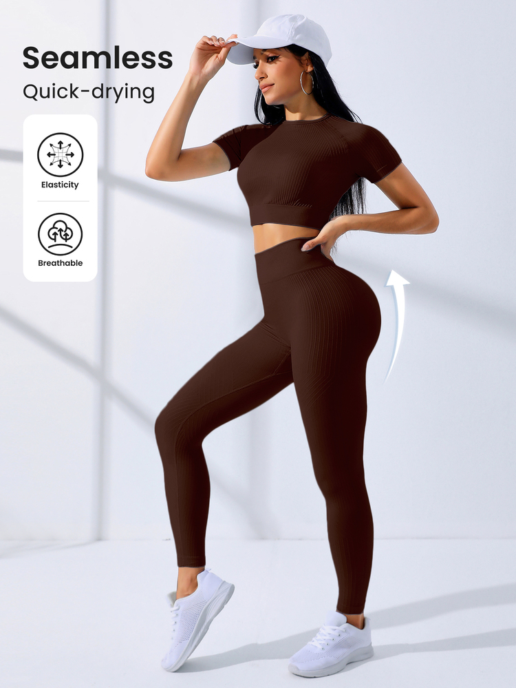 SHEIN Sports Seamless Women High Waist Sports Set,Short Sleeve Top And Pants Workout Clothes,Plus Activewear,Shades Of Brown,Summer,Athleisure,Gym Athletic Sets - Coffee Brown - View 5