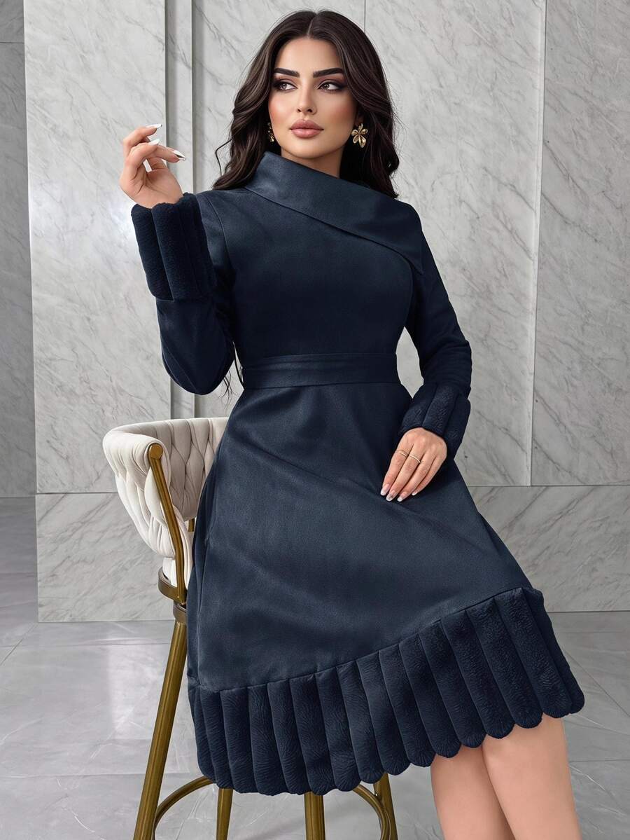 Modelyn Ribbed Plush Patchwork Suede Collar Belt Midi Dress For Women, Autumn/Winter,Dresses For Women Elegant - Navy Blue - View 1