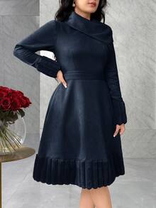 Modelyn Ribbed Plush Patchwork Suede Collar Belt Midi Dress For Women, Autumn/Winter,Dresses For Women Elegant - Navy Blue - View 4