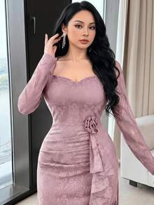Feyla New Lace Waist Ruffle Dusty Pink Cinched Waist Elegant High-End Party Dress Autumn - Pink - View 2