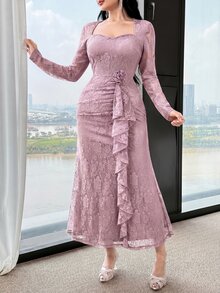 Feyla New Lace Waist Ruffle Dusty Pink Cinched Waist Elegant High-End Party Dress Autumn - Pink - View 5