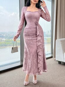 Feyla New Lace Waist Ruffle Dusty Pink Cinched Waist Elegant High-End Party Dress Autumn - Pink - View 3