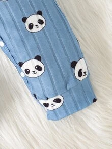 SHEIN 嬰兒熊貓圖案羅紋連身衣，柔軟秋冬新生兒可愛趣味連身衣套裝，洗禮藍色與白色，可愛日系風 - 藍色 - 查看 9