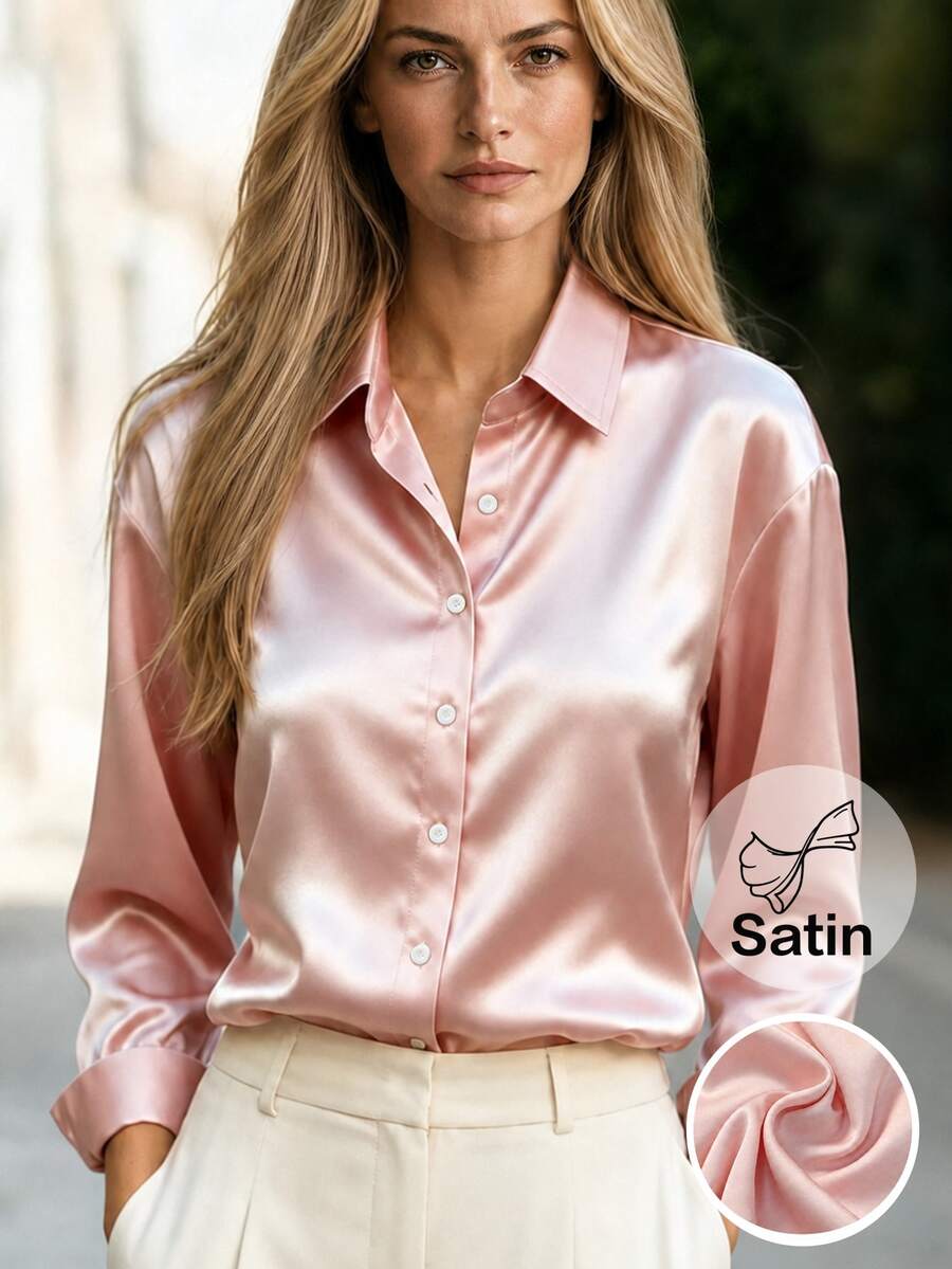 Trelyra Women's Solid Color Single-Breasted Casual Versatile Everyday Shirt - Pink - View 1