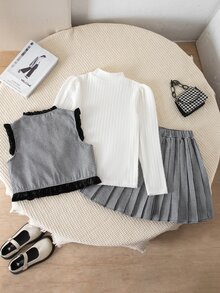 SHEIN 少女純色長袖打底上衣、蝴蝶結裝飾背心與百褶迷你裙套裝 - 黑色 - 查看 2