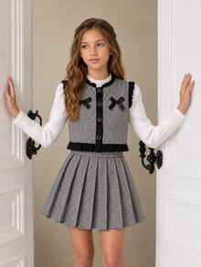 SHEIN 少女純色長袖打底上衣、蝴蝶結裝飾背心與百褶迷你裙套裝 - 黑色 - 查看 3
