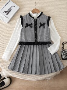 SHEIN 少女純色長袖打底上衣、蝴蝶結裝飾背心與百褶迷你裙套裝 - 黑色 - 查看 4