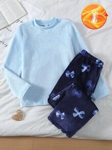 女童甜美溫柔風居家服上衣與長褲兩件套，淺純藍上衣搭配深藍下裝，精緻蝴蝶結滿版印花，厚實親膚珊瑚絨，秋冬睡衣 - 藕粉色 - 查看 5