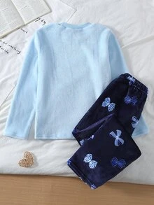 女童甜美溫柔風居家服上衣與長褲兩件套，淺純藍上衣搭配深藍下裝，精緻蝴蝶結滿版印花，厚實親膚珊瑚絨，秋冬睡衣 - 藕粉色 - 查看 2