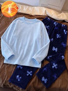 女童甜美溫柔風居家服上衣與長褲兩件套，淺純藍上衣搭配深藍下裝，精緻蝴蝶結滿版印花，厚實親膚珊瑚絨，秋冬睡衣 - 藕粉色 - 查看 7