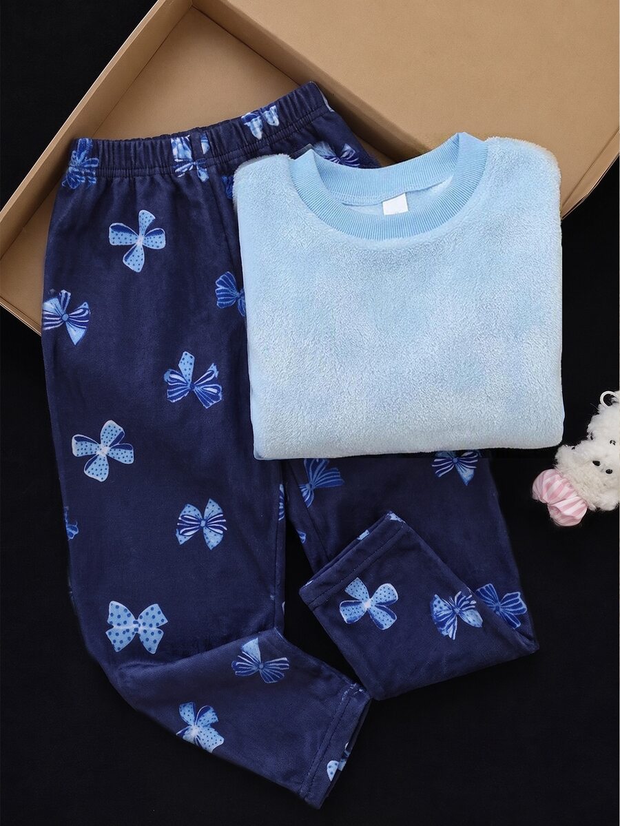 女童甜美溫柔風居家服上衣與長褲兩件套,淺純藍上衣搭配深藍下裝,精緻蝴蝶結滿版印花,厚實親膚珊瑚絨,秋冬睡衣 - 藕粉色 - 查看 1