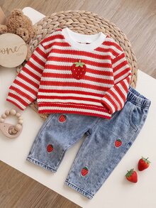 SHEIN 2件組幼女衛衣牛仔褲套裝，甜美紅白色草莓刺繡長袖圓領常規款，秋季公主風舒適條紋度假派對裝 - 紅色 - 查看 1