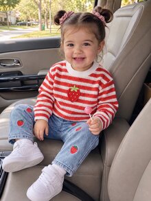SHEIN 2件組幼女衛衣牛仔褲套裝，甜美紅白色草莓刺繡長袖圓領常規款，秋季公主風舒適條紋度假派對裝 - 紅色 - 查看 4