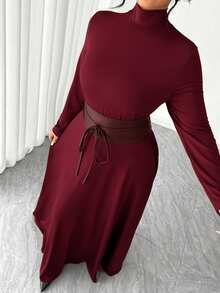 Elenzga Plus Size Women's Spring/Autumn Burgundy Elegant Date Night Formal Stand Collar Knit Slim Fit A-Line Cinched Waist Long Sleeve Long Dress Fall - Burgundy - View 4