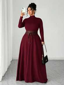 Elenzga Plus Size Women's Spring/Autumn Burgundy Elegant Date Night Formal Stand Collar Knit Slim Fit A-Line Cinched Waist Long Sleeve Long Dress Fall - Burgundy - View 3