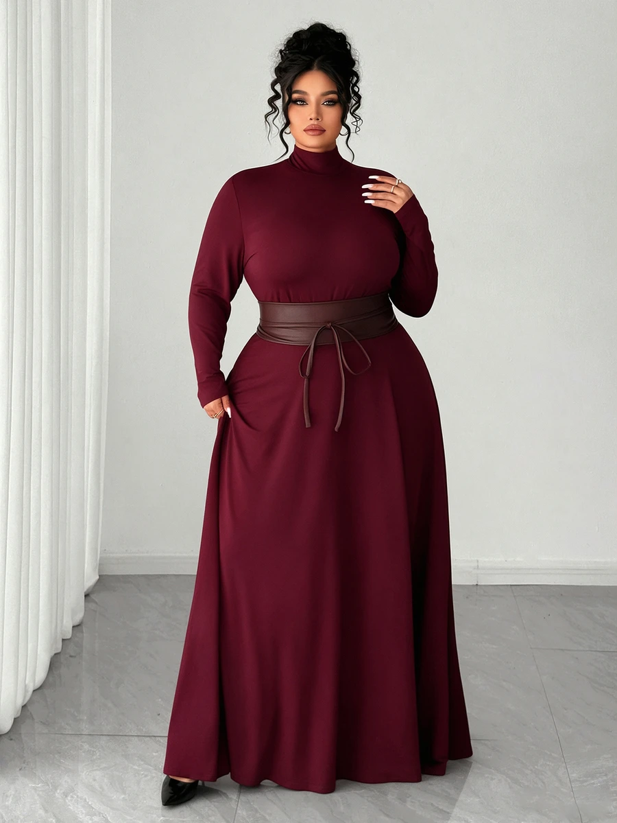 Elenzga Plus Size Women's Spring/Autumn Burgundy Elegant Date Night Formal Stand Collar Knit Slim Fit A-Line Cinched Waist Long Sleeve Long Dress Fall - Burgundy - View 1