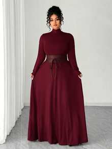 Elenzga Plus Size Women's Spring/Autumn Burgundy Elegant Date Night Formal Stand Collar Knit Slim Fit A-Line Cinched Waist Long Sleeve Long Dress Fall - Burgundy - View 5