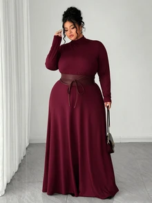 Elenzga Plus Size Women's Spring/Autumn Burgundy Elegant Date Night Formal Stand Collar Knit Slim Fit A-Line Cinched Waist Long Sleeve Long Dress Fall - Burgundy - View 7