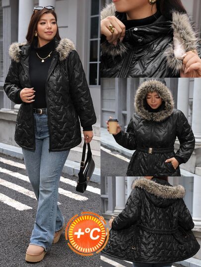 SHEIN LUNE Veste d'hiver à capuche avec col en fourrure, patchwork et fermeture éclair avant, manches longues, grande taille pour femmes
