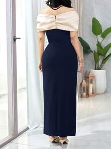 Feyla Women's Elegant Mature Long Dress Colorblock Rhinestone Decor Cold Shoulder Neckline Wedding Dinner Party Night Navy Blue Summer - Navy Blue - View 8