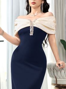 Feyla Women's Elegant Mature Long Dress Colorblock Rhinestone Decor Cold Shoulder Neckline Wedding Dinner Party Night Navy Blue Summer - Navy Blue - View 6