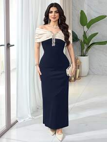 Feyla Women's Elegant Mature Long Dress Colorblock Rhinestone Decor Cold Shoulder Neckline Wedding Dinner Party Night Navy Blue Summer - Navy Blue - View 2