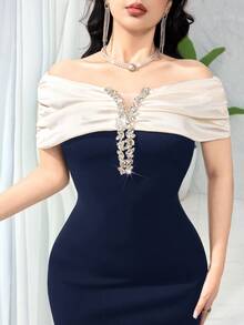 Feyla Women's Elegant Mature Long Dress Colorblock Rhinestone Decor Cold Shoulder Neckline Wedding Dinner Party Night Navy Blue Summer - Navy Blue - View 3