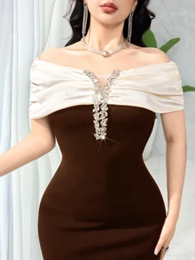 Feyla Women's Elegant Long Dress With Ruched Off-Shoulder Design And Crystal Embellishment Formal Brown And Cream Summer - Coffee Brown - View 2