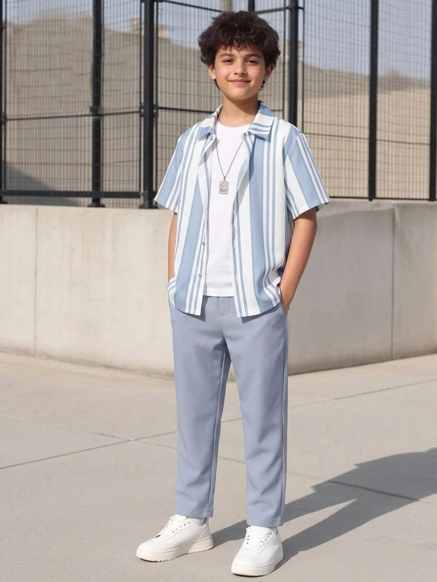 SHEIN Boys' Casual Commute Geometric Line Print Short Sleeve Shirt And Long Pants 2 Pieces Set - Blue - View 1