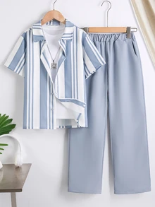 SHEIN طقم من قطعتين للأولاد: قميص بأكمام قصيرة مطبوع بخطوط هندسية وبنطال طويل للارتداء اليومي - الأزرق - مشاهدة 3