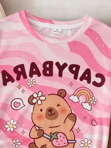 可愛甜美水豚印花多彩多巴胺花卉女童休閒簡約修身圓領短袖長褲家居服，適合夏季 Y2K 風格，派對、休閒、日常、度假，可愛舒適隨性 - 彩色 - 查看 5