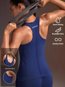 Powerista Women's Letter Print Blue Solid Racer Back Daily Fitness Sports Activewear Tank Top Fitted Shirt(Suitable For Jogging And Workout) - Navy Blue - View 9