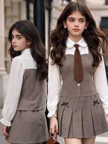 SHEIN Tween女孩秋季套裝 2件/組 棕色格紋與棕色拼接領口 學院風 80年代風格 可愛開襟衫 泡泡袖 校園生日穿搭 - 彩色 - 查看 3