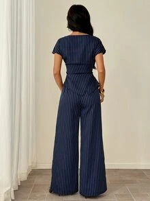 Sinnesro 女款休閒優雅格紋不對稱下擺襯衫與寬腿褲兩件套，條紋兩件套，收腰兩件套，夏季 - 藍色 - 查看 2