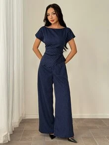 Sinnesro 女款休閒優雅格紋不對稱下擺襯衫與寬腿褲兩件套，條紋兩件套，收腰兩件套，夏季 - 藍色 - 查看 5