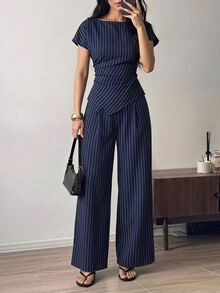 Sinnesro 女款休閒優雅格紋不對稱下擺襯衫與寬腿褲兩件套，條紋兩件套，收腰兩件套，夏季 - 藍色 - 查看 7