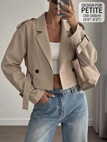 Sinnesro 女款卡其色短版寬鬆風衣外套附腰帶，優雅通勤秋季外衣，休閒防風夾克，紋理升級版冬季外套，適合嬌小女性 - 卡其色 - 查看 1