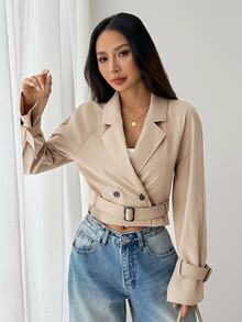 Sinnesro 女款卡其色短版寬鬆風衣外套附腰帶，優雅通勤秋季外衣，休閒防風夾克，紋理升級版冬季外套，適合嬌小女性 - 卡其色 - 查看 7