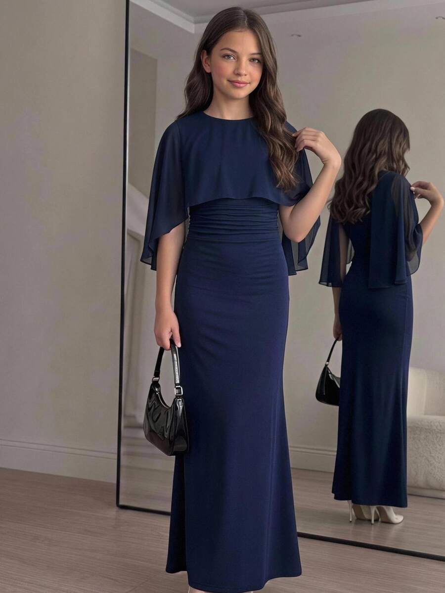 SHEIN Tween Girl Tween Girl Tween Girl Partywear Deep Blue Elegant Fitted Dress - Navy Blue - View 1
